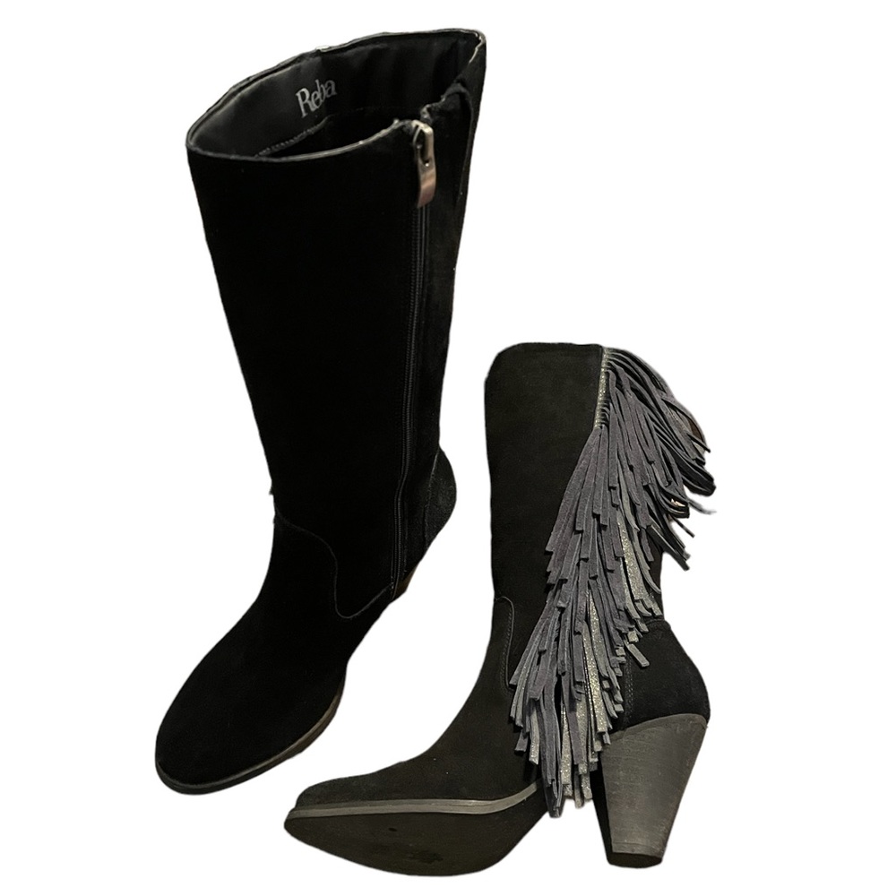 Reba Cowgirly Black & Gray Sparkly Fringe Suede Boots